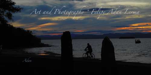 Sunset bicycling by Earth Clock at Oakledge Park Burlington Vermont - https://fineartamerica.com/featured/sunset-bicycle-at-earth-clock-burlington-vermont-panorama-felipe-adan-lerma.html . © Felipe Adan Lerma .