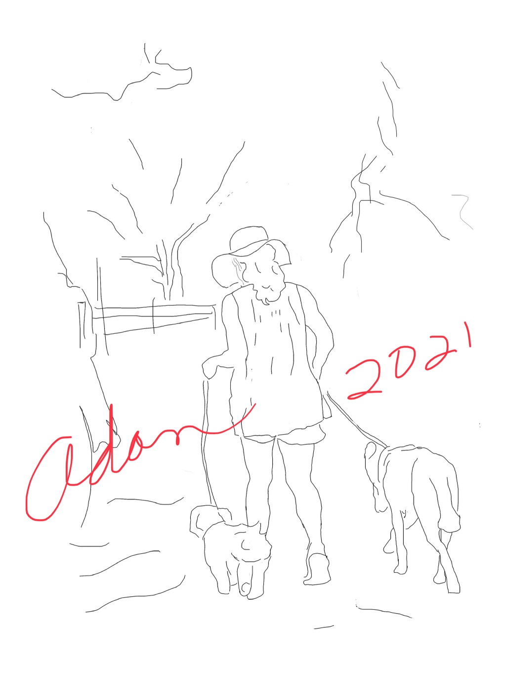 August 28, 2021 – (Still) Experimenting Developing Figure Sketches, Tentative Title: Woman Walking Dogs 1