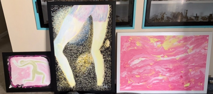 Paintings for Primal Gallery in Dripping Springs April 2022 - Walking with the Stars, Neon Lady, Scenic Pink with Yellow ( all pics 2022 ) ©Felipe Adan Lerma