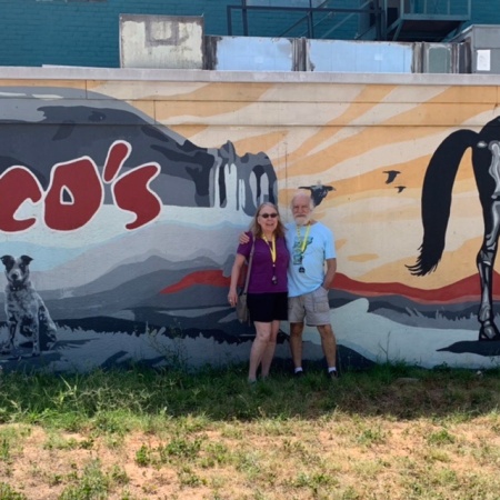 Sheila and I by just a section of the mural alongside Cisco's Austin Texas, June 13, 2022